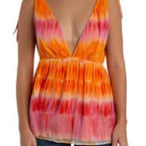 NWT Alice + Olivia Orange & Pink Silk Plunge Neck Tie-Up Detail Top